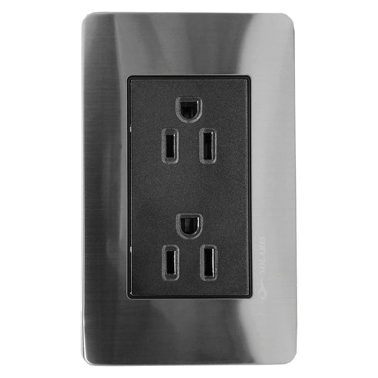 Fabricada de aluminio.,Cubierta acero inoxidable.,Chasis de metal.,Placa dos contactos.,127 V - 10 A - 60 Hz,Contactos polarizados.,Acabado gris-negro ideal para uso residencial u oficina.