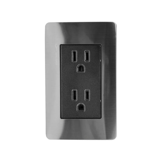 Fabricada de aluminio.,Cubierta acero inoxidable.,Chasis de metal.,Placa dos contactos.,127 V - 10 A - 60 Hz,Contactos polarizados.,Acabado gris-negro ideal para uso residencial u oficina.