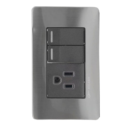 Fabricada de aluminio.,Cubierta de acero inoxidable.,Chasis de metal.,Placa dos apagadores y un contacto polarizado.,127 V - 10 A - 60 Hz,Acabado gris-negro ideal para uso residencial u oficina.