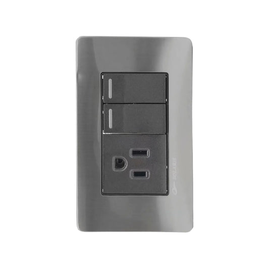 Fabricada de aluminio.,Cubierta de acero inoxidable.,Chasis de metal.,Placa dos apagadores y un contacto polarizado.,127 V - 10 A - 60 Hz,Acabado gris-negro ideal para uso residencial u oficina.