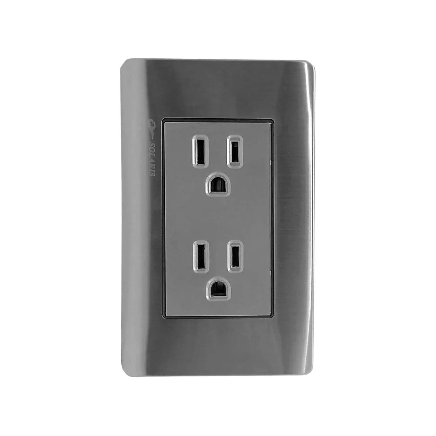 Fabricada de aluminio.,Cubierta acero inoxidable.,Chasis de metal.,Placa dos contactos.,127 V - 10 A - 60 Hz,Contactos polarizados.,Acabado gris-plata ideal para uso residencial u oficina.