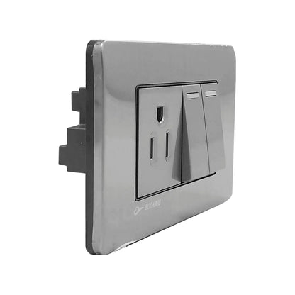 Placa eléctrica Solaris gris cromo con 2 apagadores y 1 contacto, ideal para instalaciones residenciales.