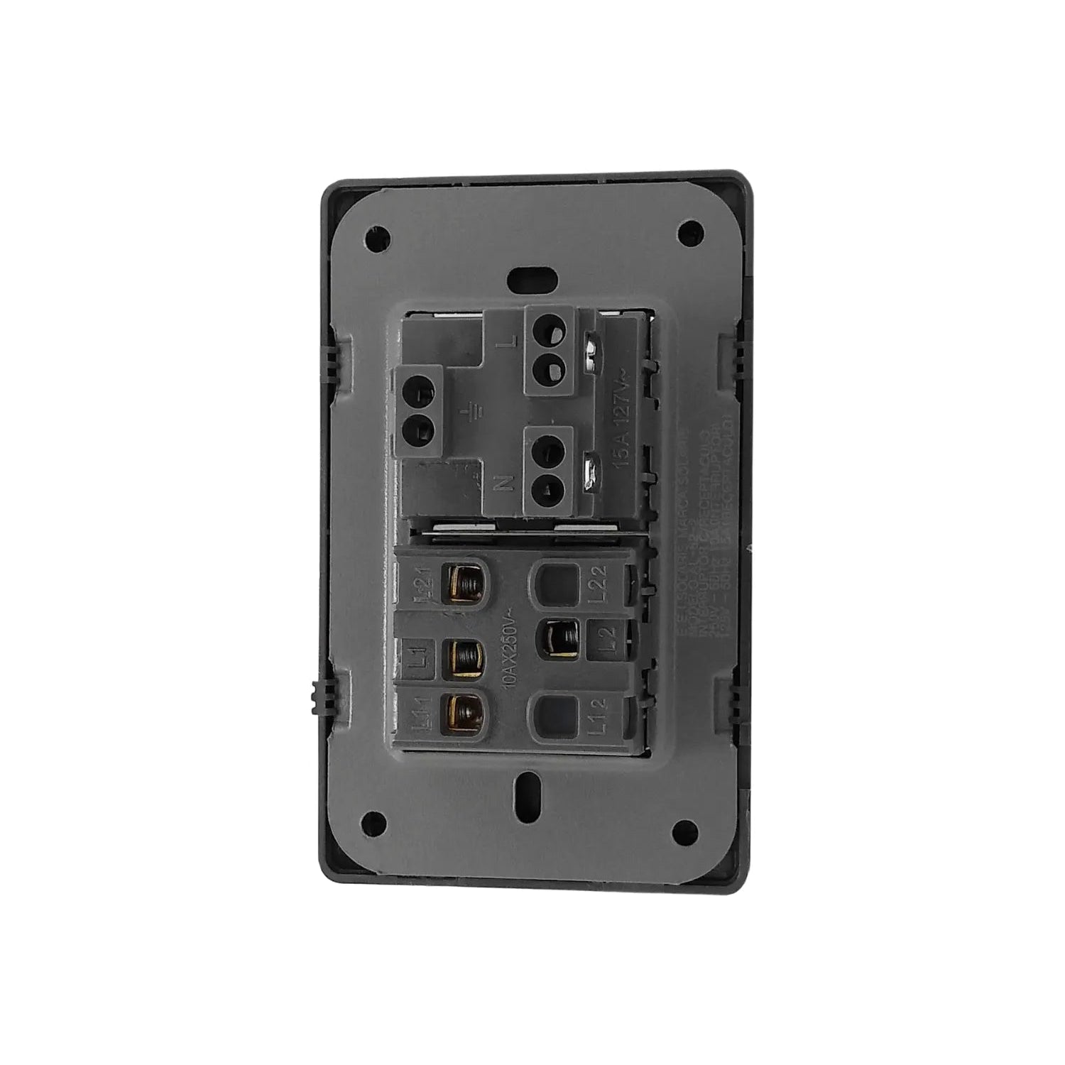 Placa eléctrica gris cromo con 2 apagadores 10AX250V y 1 contacto 15A 127V, para cableado