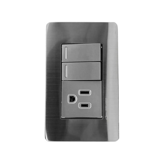 Fabricada de aluminio.,Cubierta de acero inoxidable.,Chasis de metal.,Placa dos apagadores y un contacto polarizado.,127 V - 10 A - 60 Hz,Acabado gris-plata ideal para uso residencial u oficina.