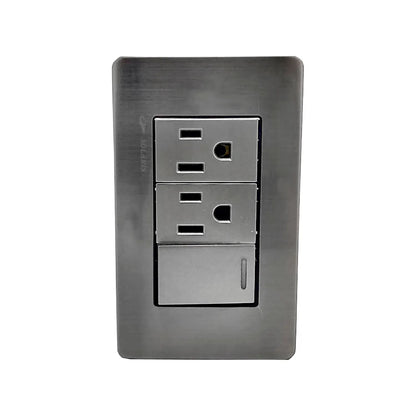 Fabricada de plástico ABS,Cubierta de acero inoxidable.,Placa un pagador y dos contactos.,Tomacorriente 127 V - 15 A - 60 Hz,Apagador 27 V – 10 A – 60 Hz,Contactos polarizados.,Acabado gris-plata ideal para uso residencial u oficina.