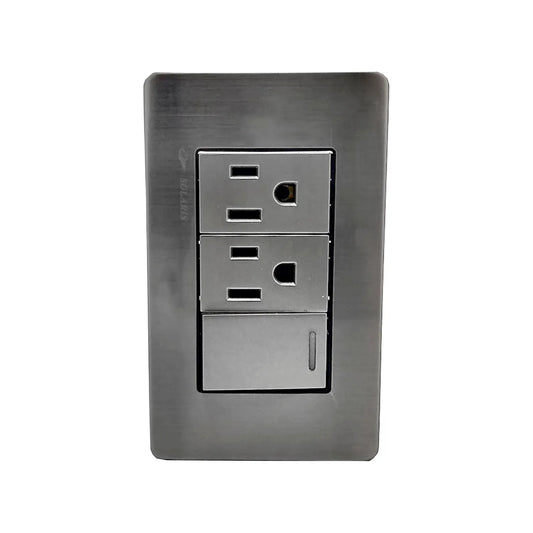 Fabricada de plástico ABS,Cubierta de acero inoxidable.,Placa un pagador y dos contactos.,Tomacorriente 127 V - 15 A - 60 Hz,Apagador 27 V – 10 A – 60 Hz,Contactos polarizados.,Acabado gris-plata ideal para uso residencial u oficina.