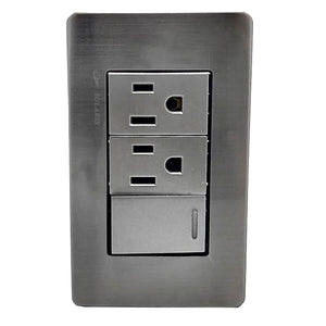 Fabricada de plástico ABS,Cubierta de acero inoxidable.,Placa un pagador y dos contactos.,Tomacorriente 127 V - 15 A - 60 Hz,Apagador 27 V – 10 A – 60 Hz,Contactos polarizados.,Acabado gris-plata ideal para uso residencial u oficina.