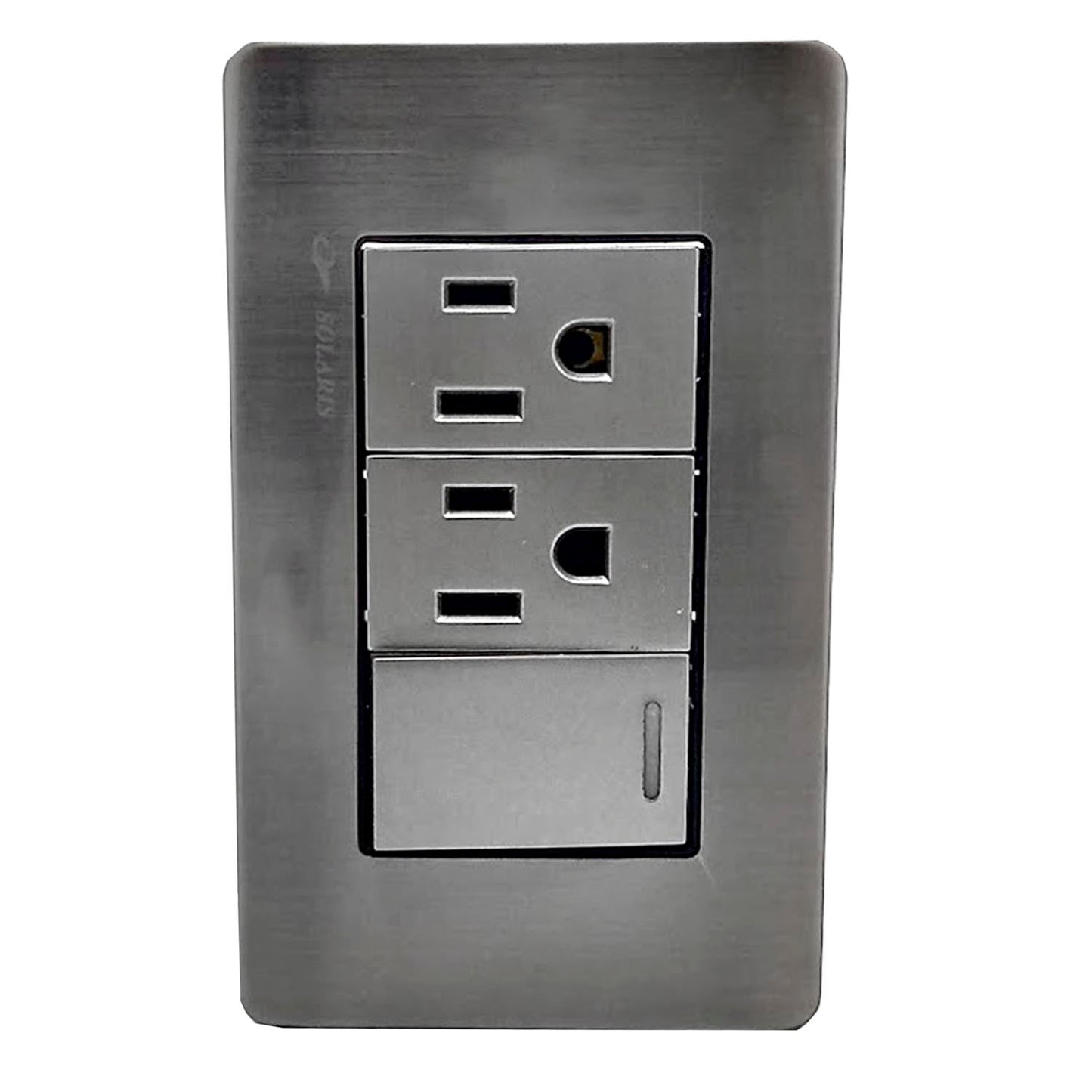 Fabricada de plÃ¡stico ABS,Cubierta de acero inoxidable.,Placa un pagador y dos contactos.,Tomacorriente 127 V - 15 A - 60 Hz,Apagador 27 V â€“ 10 A â€“ 60 Hz,Contactos polarizados.,Acabado gris-plata ideal para uso residencial u oficina.