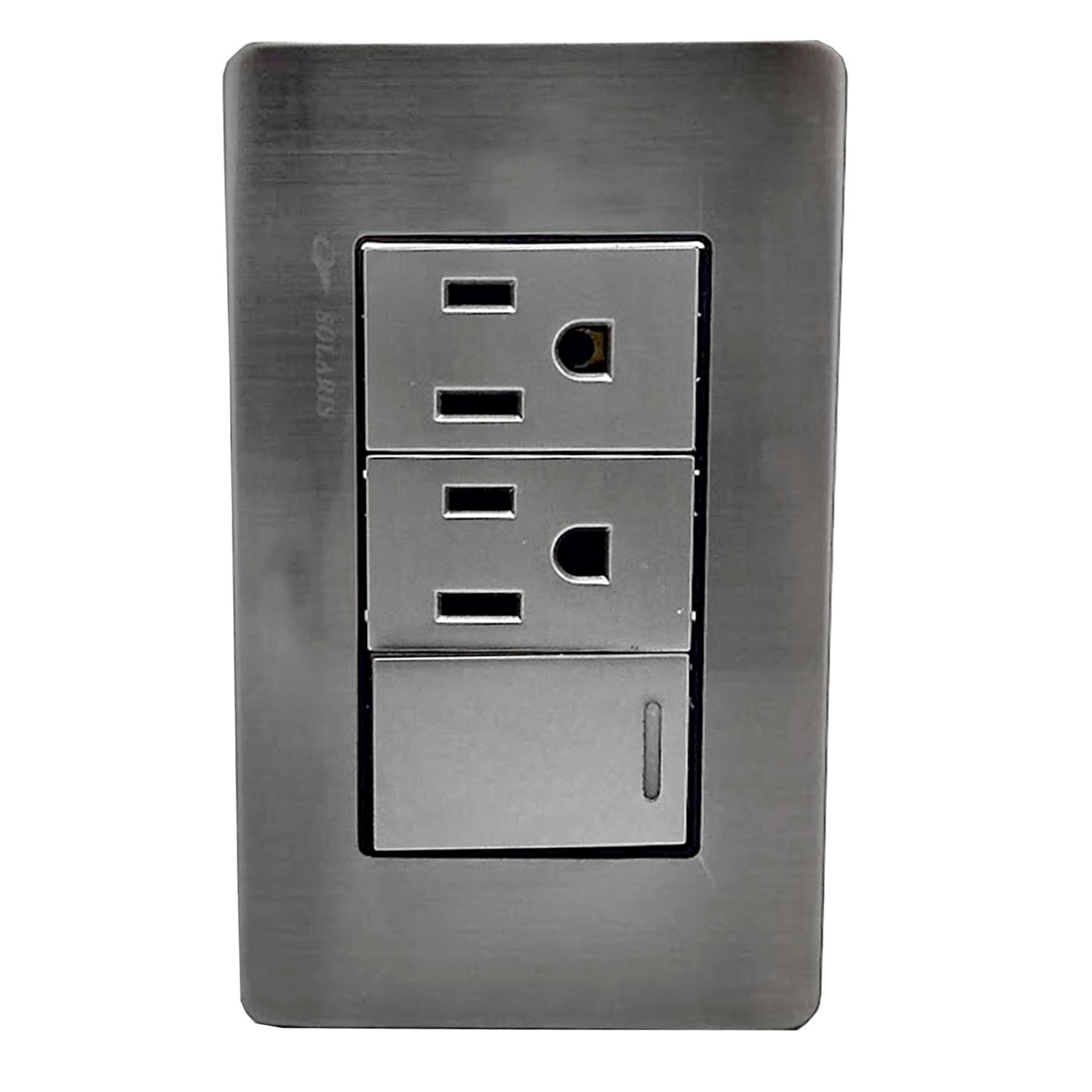 Fabricada de plÃ¡stico ABS,Cubierta de acero inoxidable.,Placa un pagador y dos contactos.,Tomacorriente 127 V - 15 A - 60 Hz,Apagador 27 V â€“ 10 A â€“ 60 Hz,Contactos polarizados.,Acabado gris-plata ideal para uso residencial u oficina.