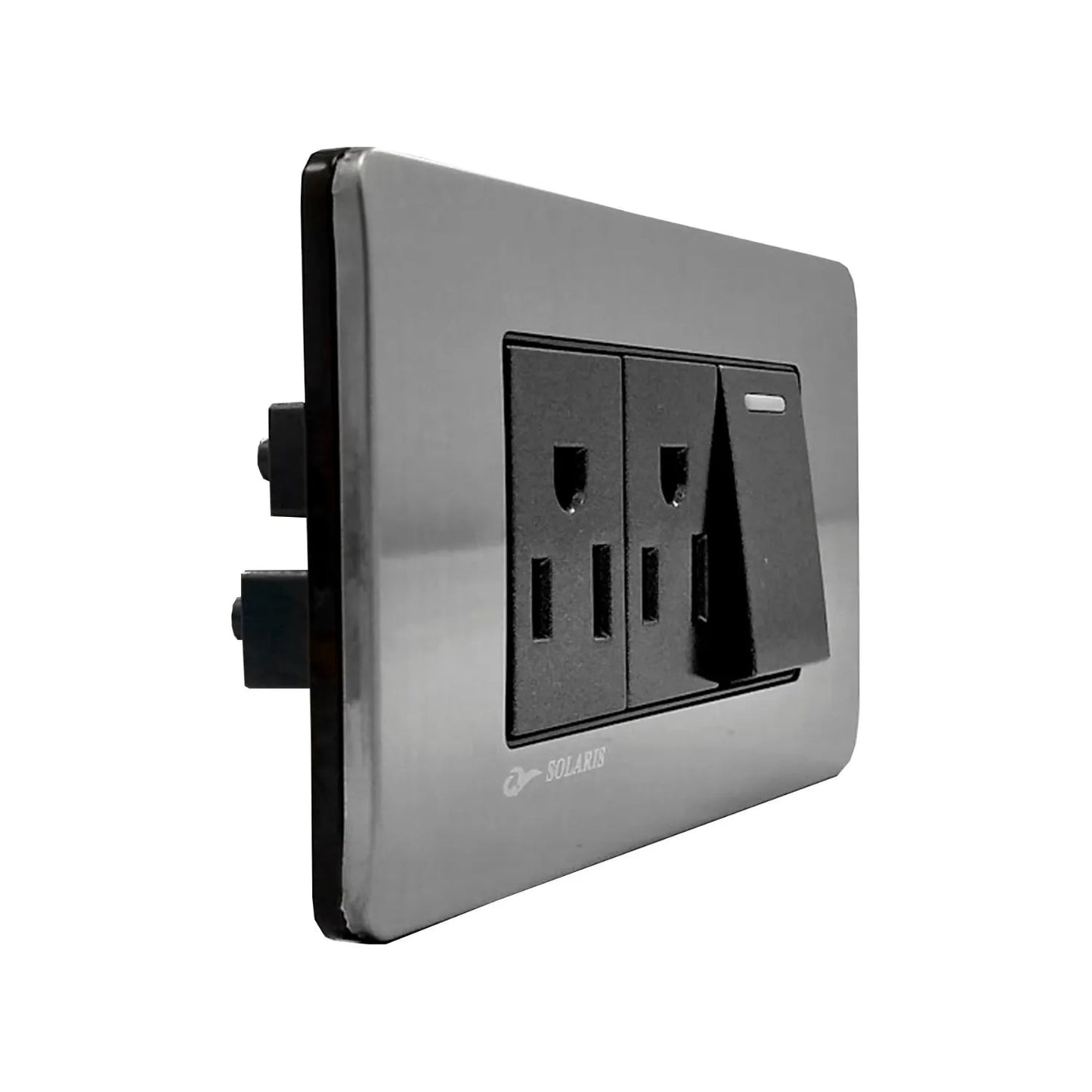 Placa eléctrica Solaris, 2 contactos y 1 apagador negros, acabado cromo