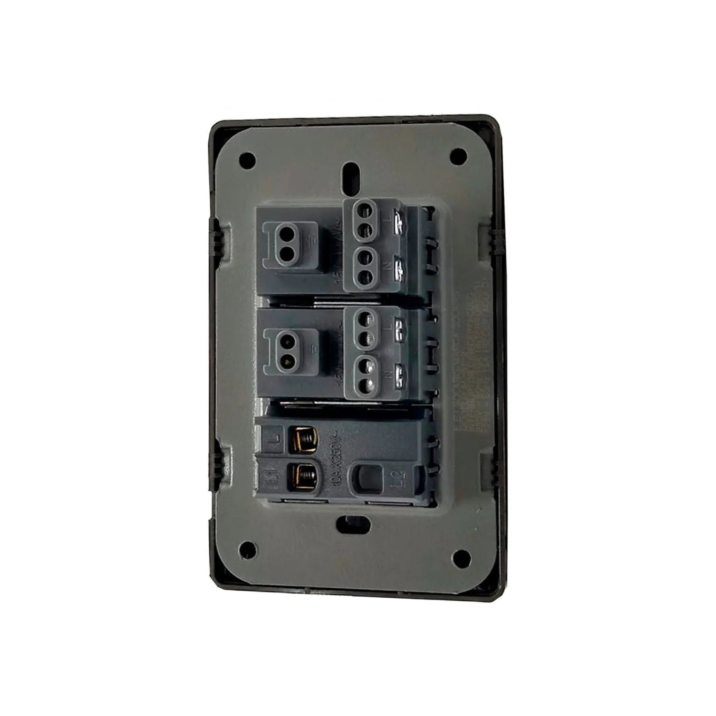 Parte trasera de mecanismo eléctrico modular con terminales de conexión para interruptores y contactos, gris oscuro.