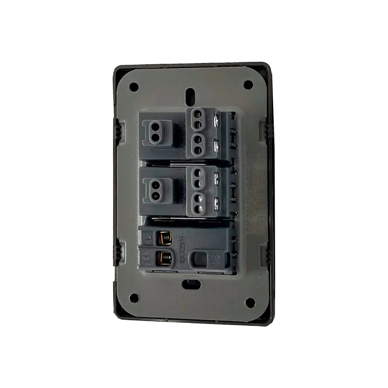 Parte trasera de mecanismo eléctrico modular con terminales de conexión para interruptores y contactos, gris oscuro.