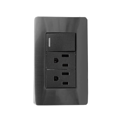 Placa eléctrica con 1 apagador con luz indicadora y 2 contactos polarizados, acabado negro cromo.