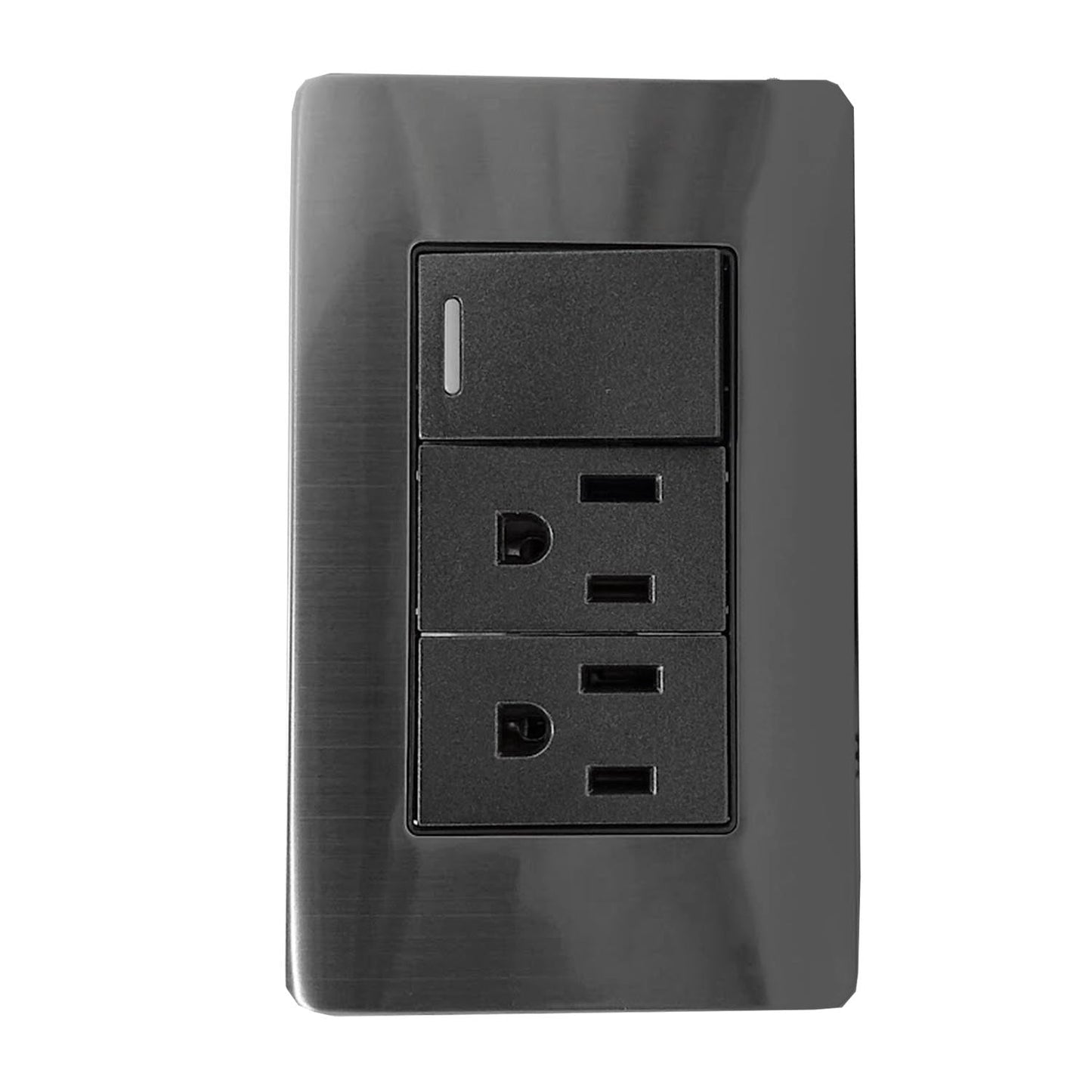 Fabricada de plÃ¡stico ABS,Cubierta de acero inoxidable.,Placa con 1 apagador y 2 contactos polarizados.,Tomacorriente 127 V - 15 A - 60 Hz,Apagador 127 V â€“ 10 A â€“ 60 Hz,Acabado gris-negro ideal para uso residencial u oficina.