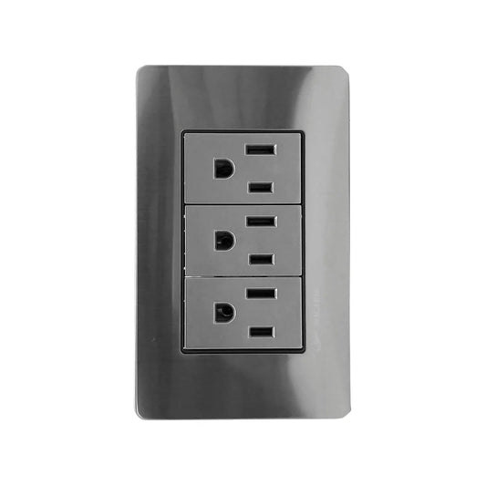 Placa eléctrica triple gris cromo con 3 tomacorrientes estándar Solaris AL613GR
