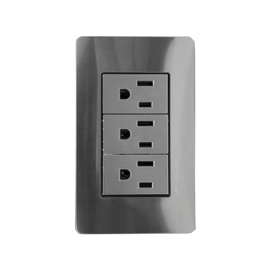 Fabricada de aluminio.,Cubierta de acero inoxidable.,Placa 3 contactos.,127 V - 10 A - 60 Hz,Chasis de metal.,Contactos polarizados.,Acabado gris-plata ideal para uso residencial u oficina.