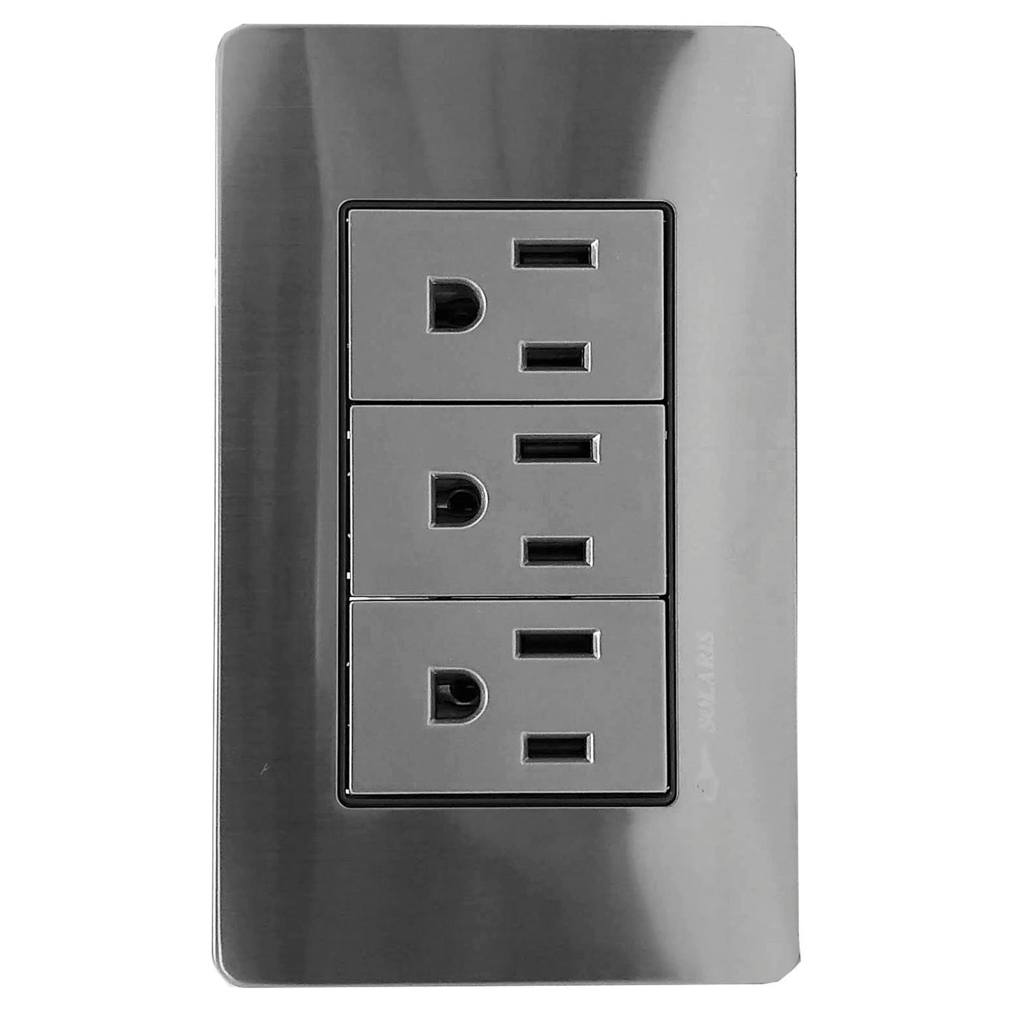 Fabricada de aluminio.,Cubierta de acero inoxidable.,Placa 3 contactos.,127 V - 10 A - 60 Hz,Chasis de metal.,Contactos polarizados.,Acabado gris-plata ideal para uso residencial u oficina.