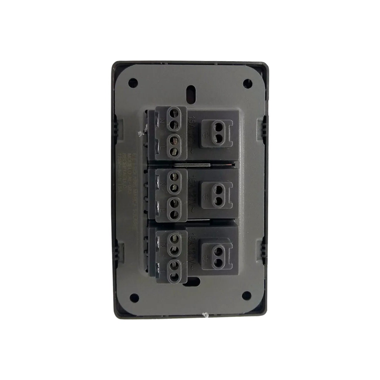 Placa eléctrica Solaris AL613NG, vista posterior con 3 contactos, 15A 125V, para cableado e instalación eléctrica, gris