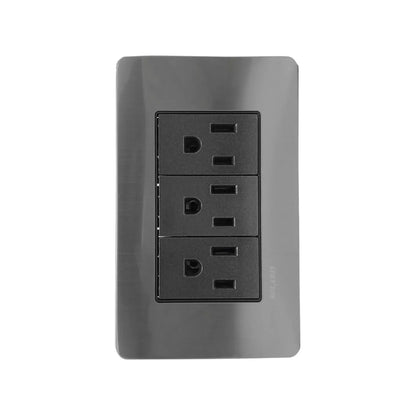 Fabricada de aluminio.,Cubierta de acero inoxidable.,Placa de 3 contactos polarizados.,Chasis de metal.,127 V - 15 A - 60 Hz,Acabado gris-negro ideal para uso residencial u oficina.