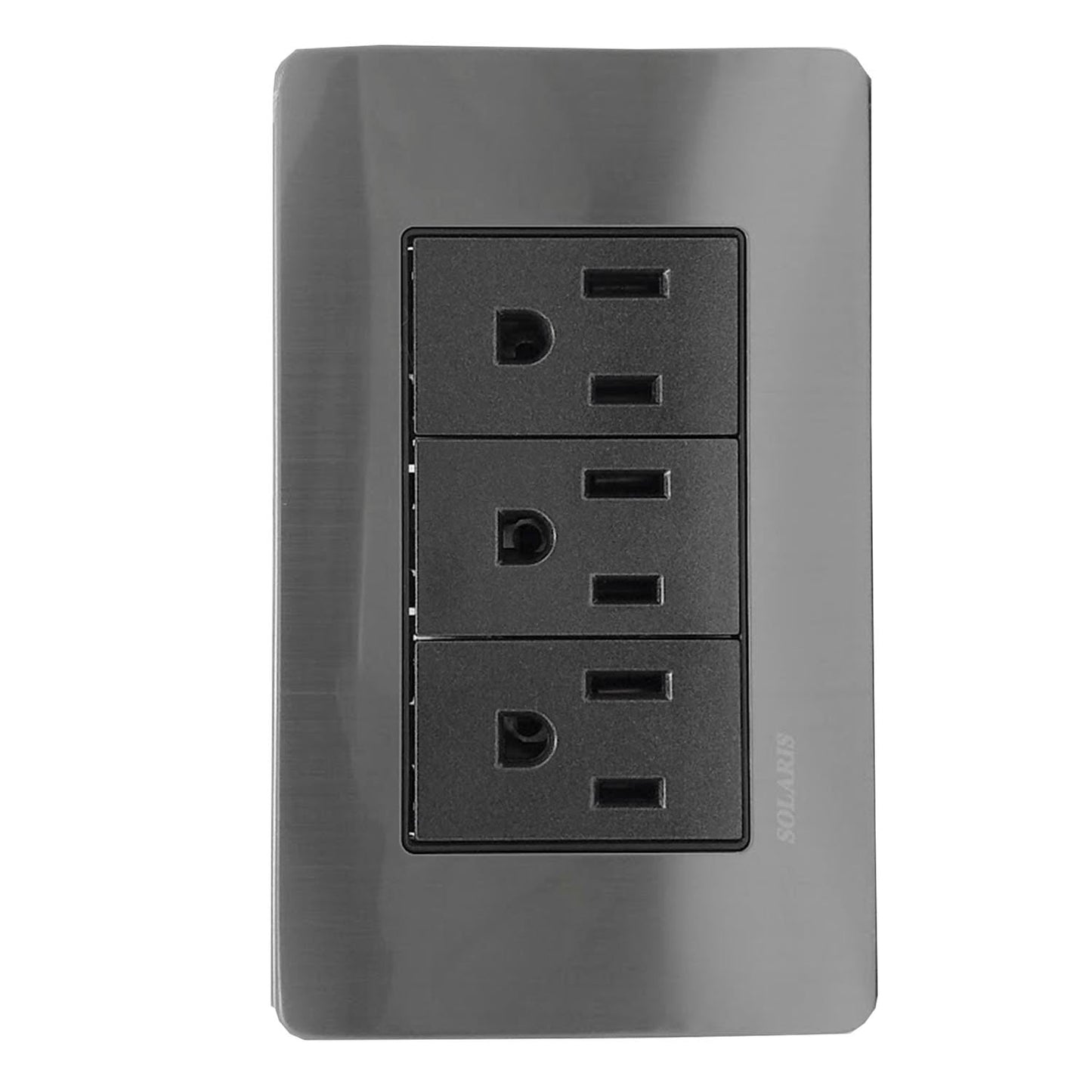 Fabricada de aluminio.,Cubierta de acero inoxidable.,Placa de 3 contactos polarizados.,Chasis de metal.,127 V - 15 A - 60 Hz,Acabado gris-negro ideal para uso residencial u oficina.