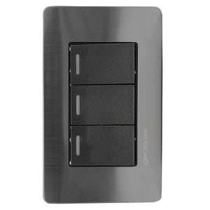 Fabricada de aluminio.,Cubierta de acero inoxidable.,Placa 3 apagadores.,127 V - 10 A - 60 Hz,Chasis de metal.,Acabado gris-negro ideal para uso residencial u oficina.