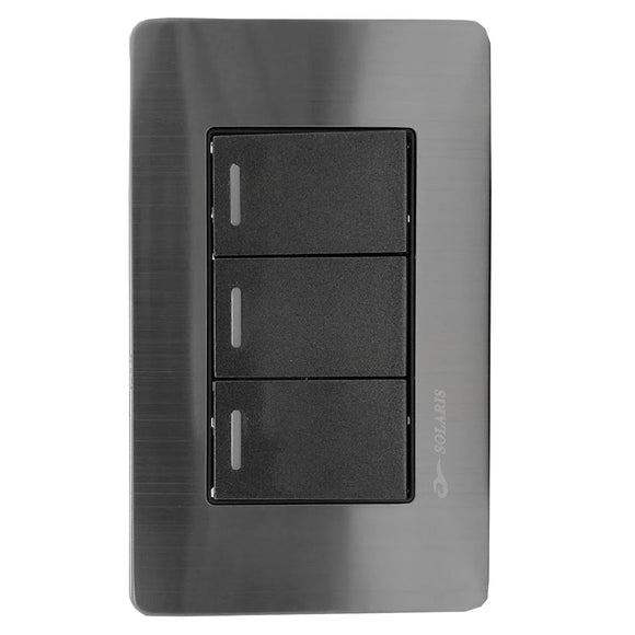 Fabricada de aluminio.,Cubierta de acero inoxidable.,Placa 3 apagadores.,127 V - 10 A - 60 Hz,Chasis de metal.,Acabado gris-negro ideal para uso residencial u oficina.