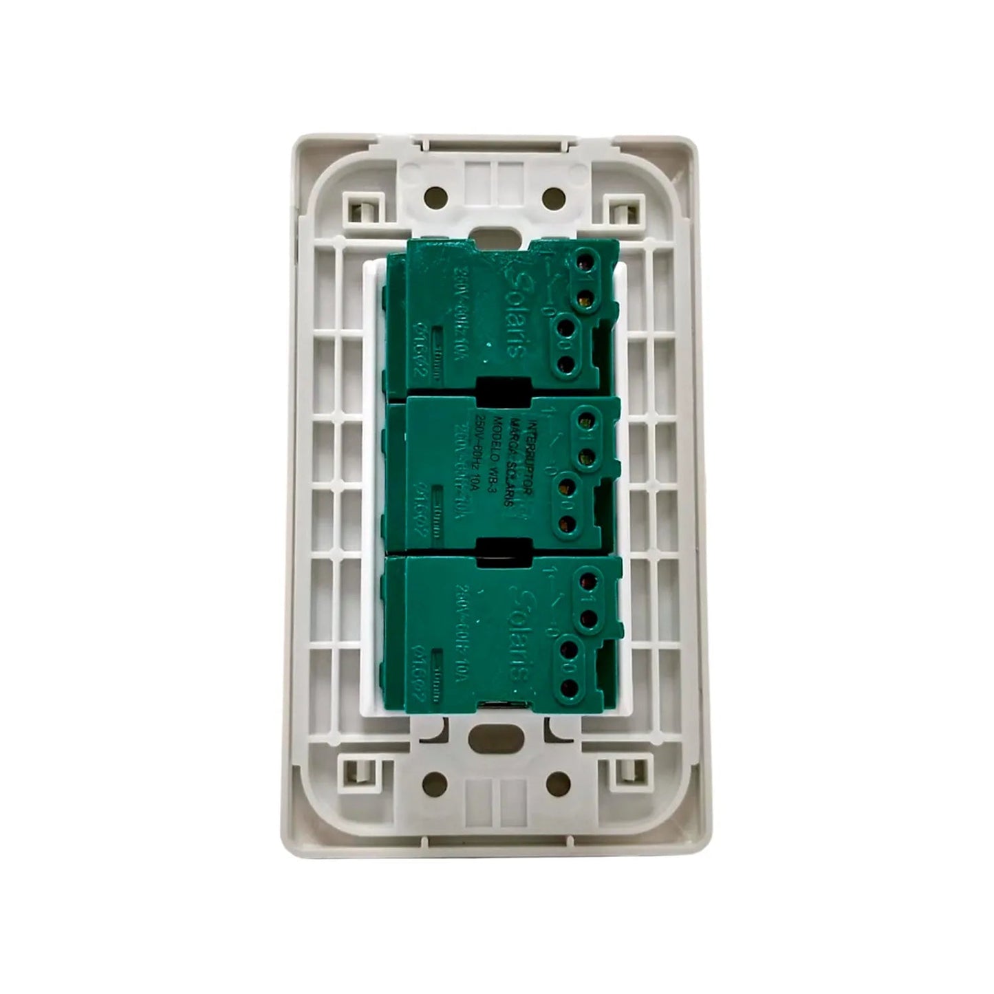 Mecanismo de placa eléctrica Solaris WB-3 con 3 módulos de apagadores verdes 250V 10A