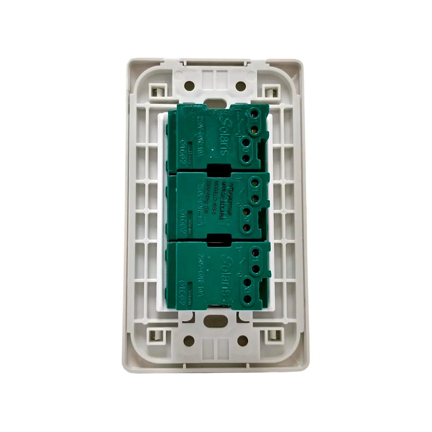 Mecanismo de placa eléctrica Solaris WB-3 con 3 módulos de apagadores verdes 250V 10A