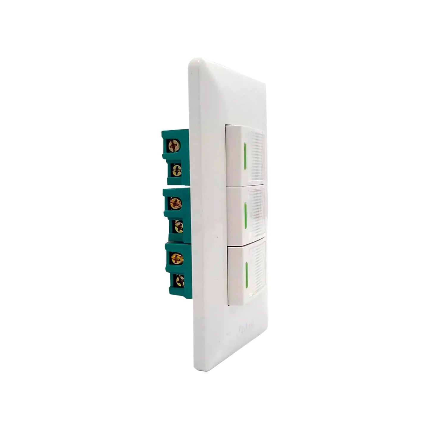 Placa triple de apagadores blancos, interruptores de luz residenciales con indicadores verdes y terminales traseras.