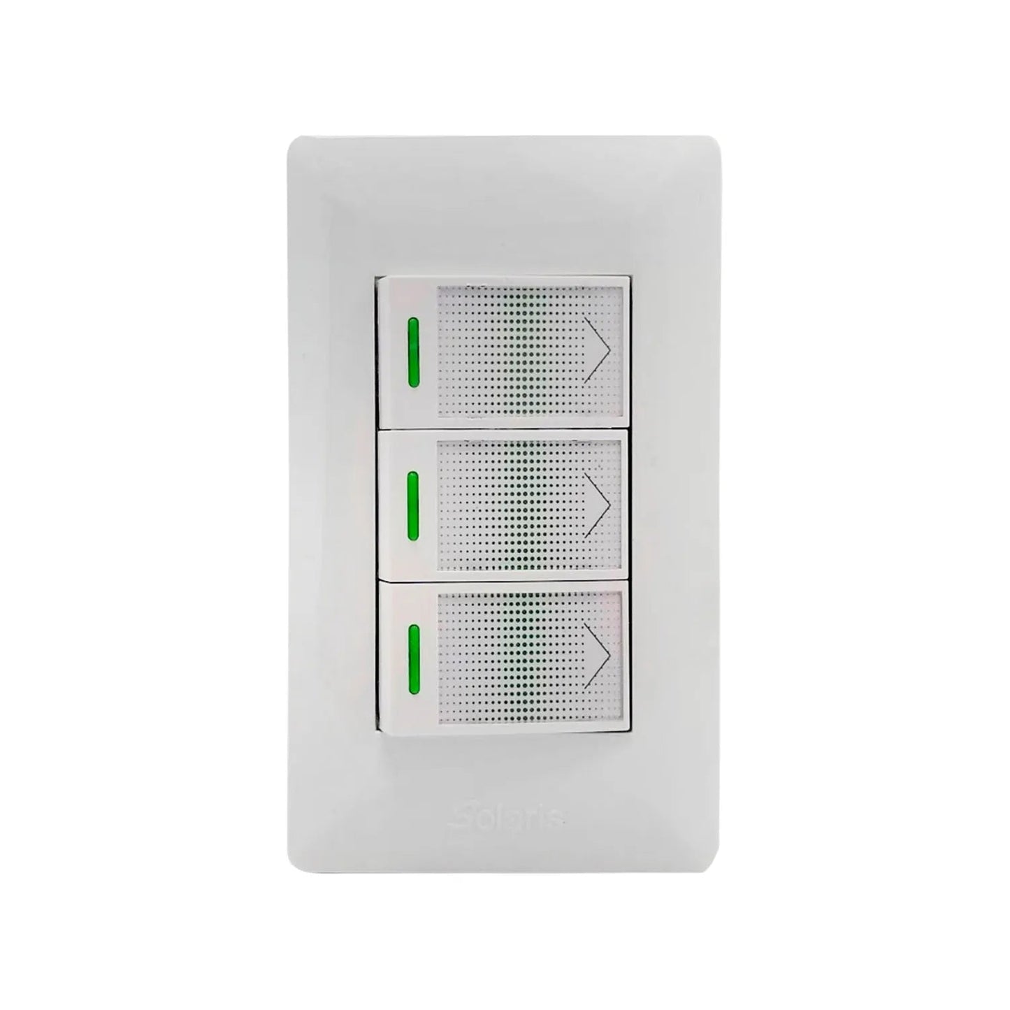 Placa de 3 apagadores de luz blancos Solaris con indicadores LED verdes.