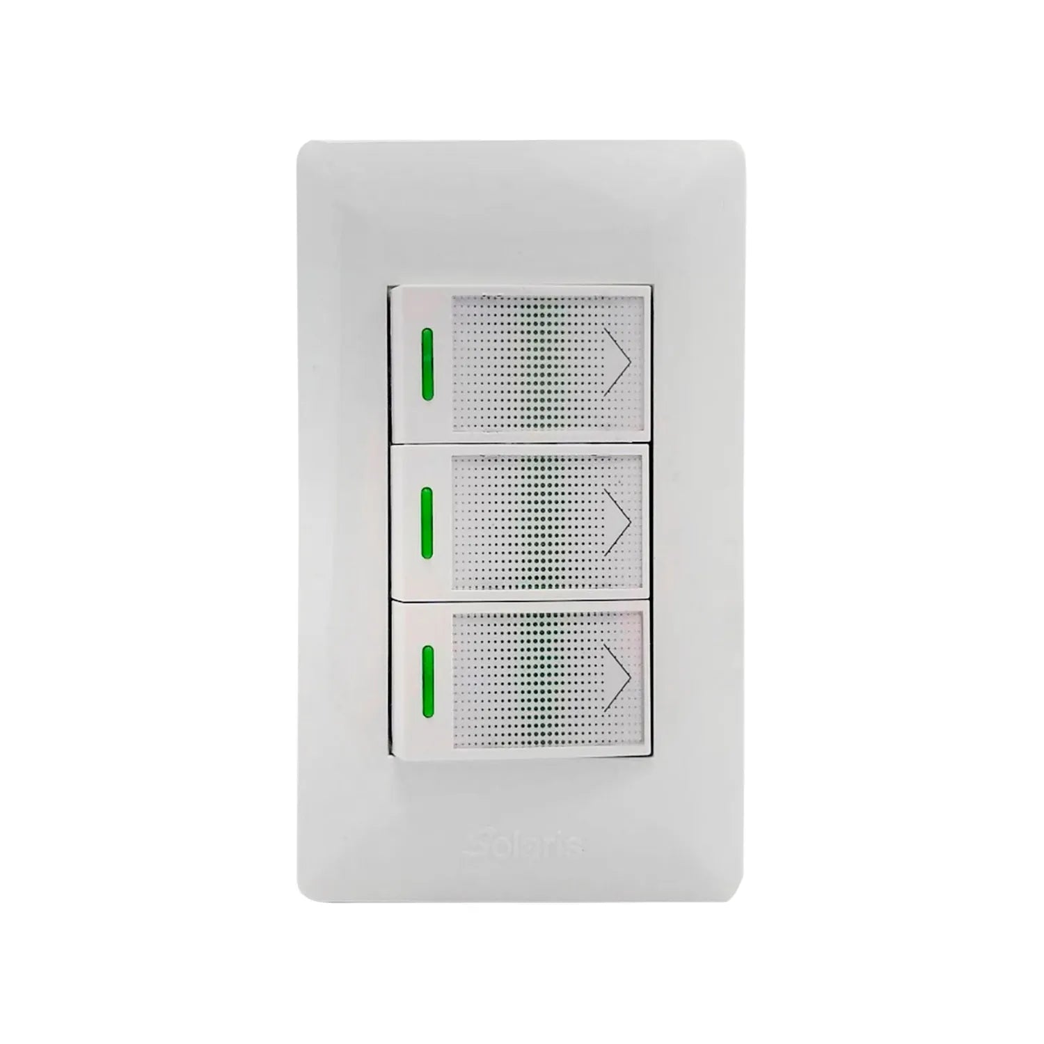 Placa de 3 apagadores de luz blancos Solaris con indicadores LED verdes.