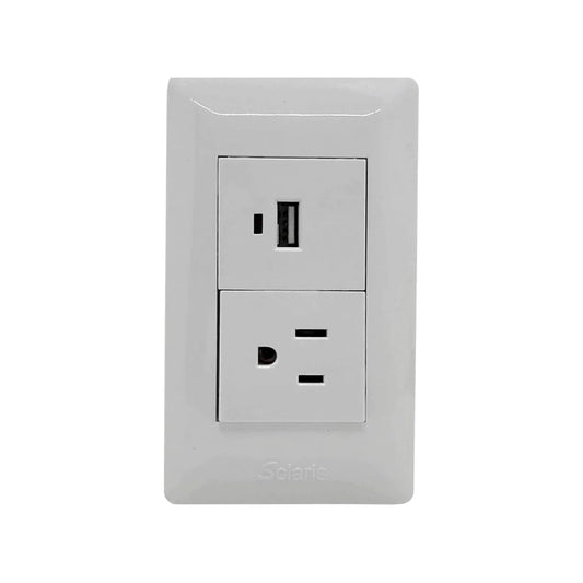 Placa de pared blanca Solaris con 1 contacto de corriente NEMA y 1 puerto USB-A para carga.