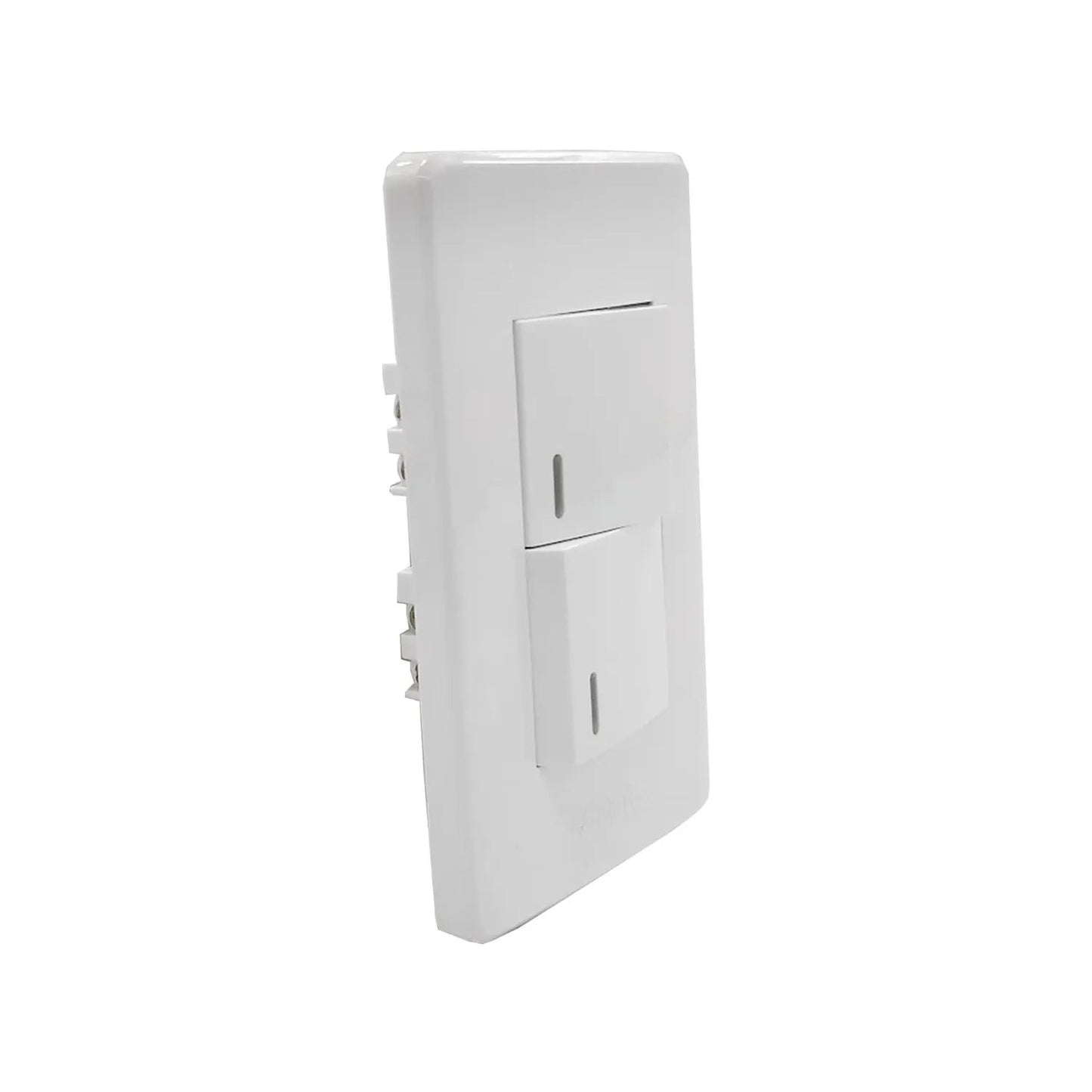 Placa blanca para pared con dos apagadores de luz, uno sencillo y uno de escalera, moderno.