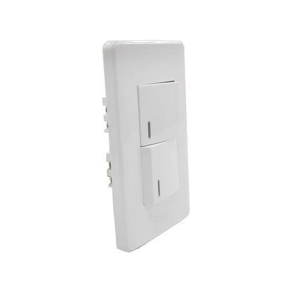 Placa blanca para pared con dos apagadores de luz, uno sencillo y uno de escalera, moderno.