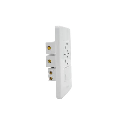 Placa eléctrica blanca Solaris con 1 apagador y 2 contactos, vista lateral de conexiones.