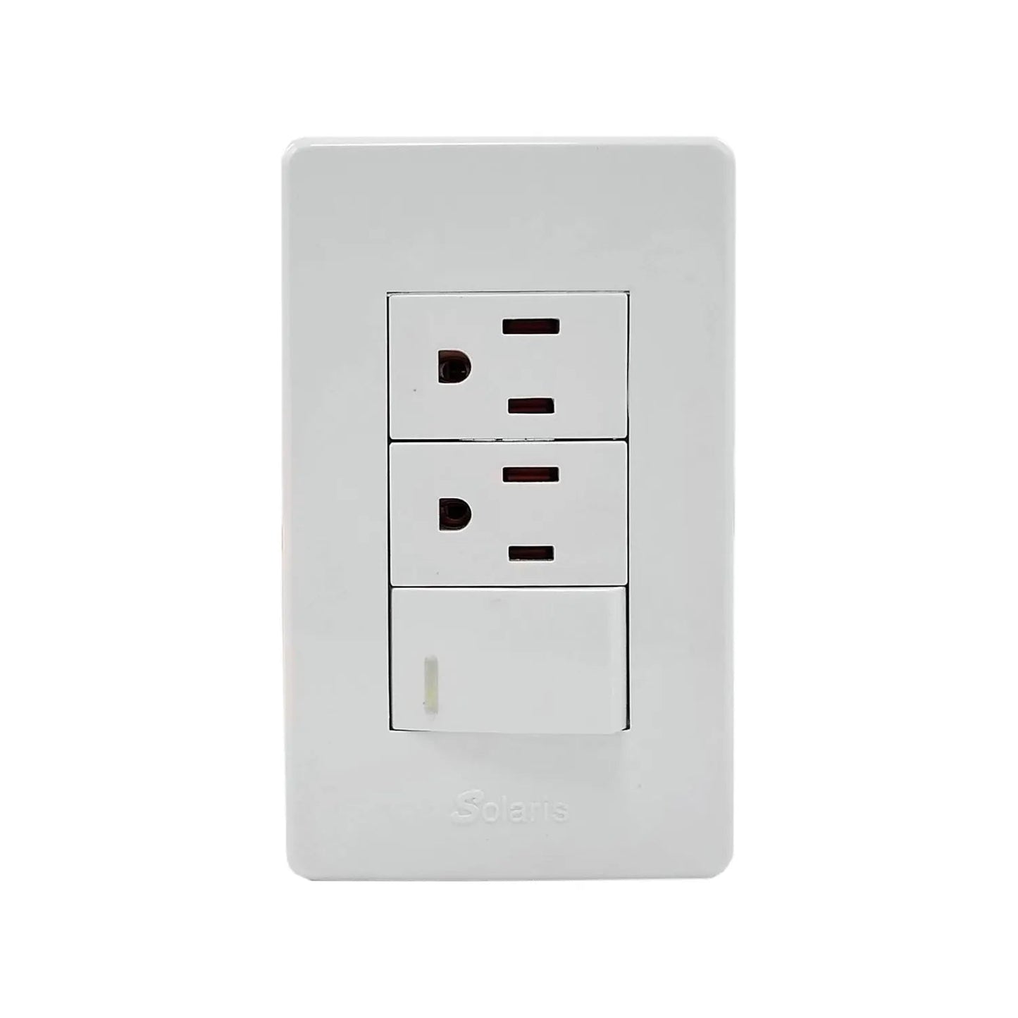 Placa eléctrica combinada blanca Solaris con 2 tomas de corriente y 1 interruptor de palanca.