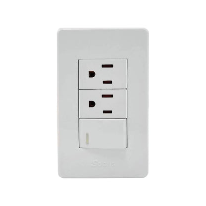 Placa eléctrica combinada blanca Solaris con 2 tomas de corriente y 1 interruptor de palanca.