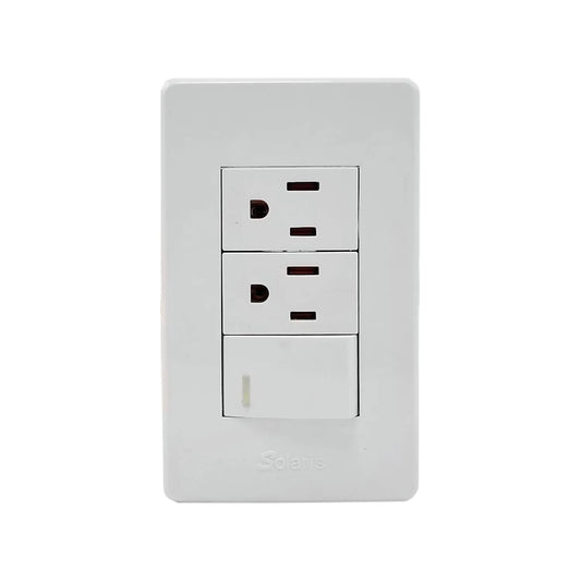 Fabricada de plástico ABS,Placa un apagador y dos contactos.,Tomacorriente 127 V - 15 A - 60 Hz,Apagador 27 V – 10 A – 60 Hz,Herrajes de latón.,Ideal para uso residencial u oficina.