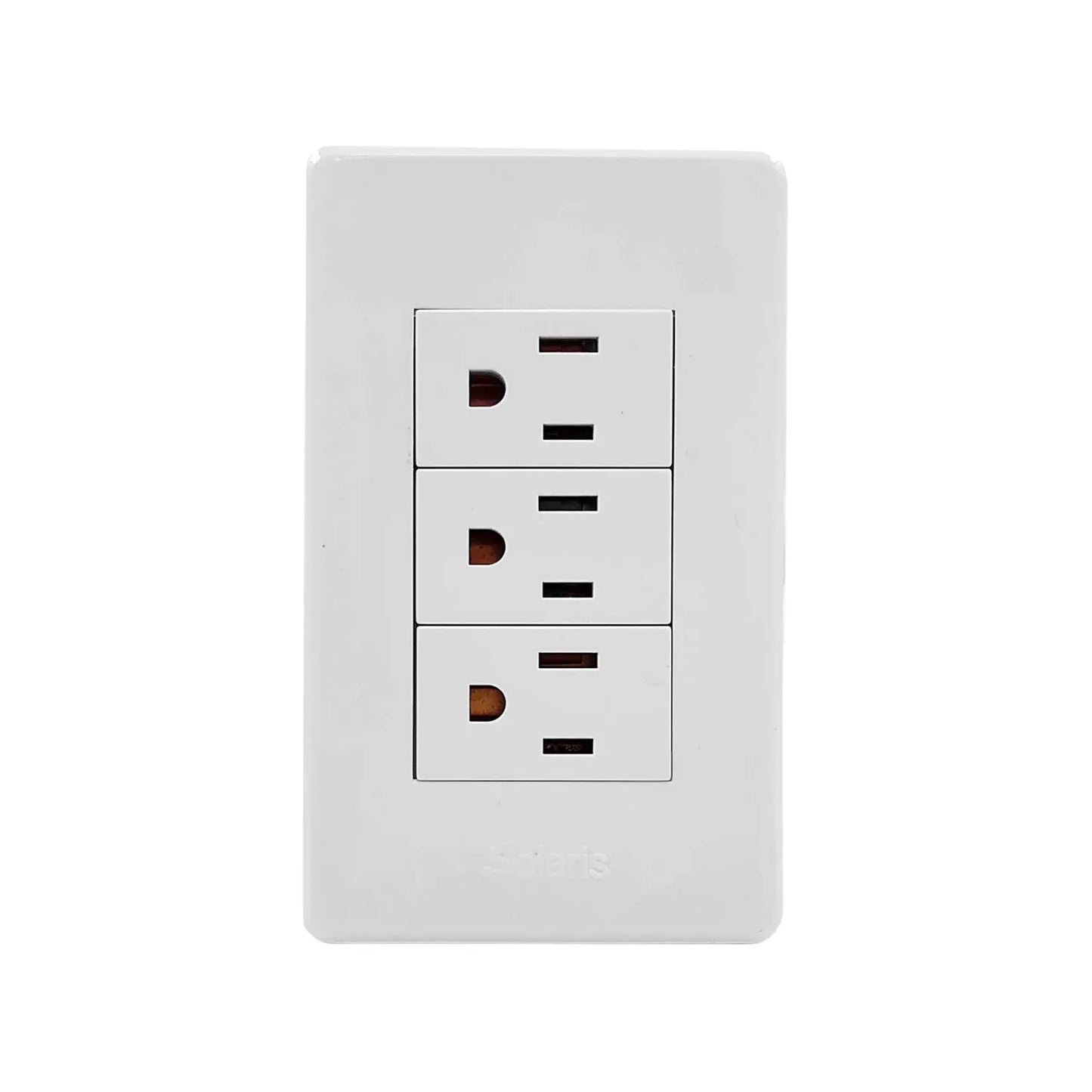 Fabricada de plástico.,Placa con 3 contactos.,127 V - 10 A - 60 Hz,Herrajes de latón.,Ideal para uso residencial u oficina.