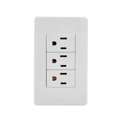 Fabricada de plástico.,Placa con 3 contactos.,127 V - 10 A - 60 Hz,Herrajes de latón.,Ideal para uso residencial u oficina.