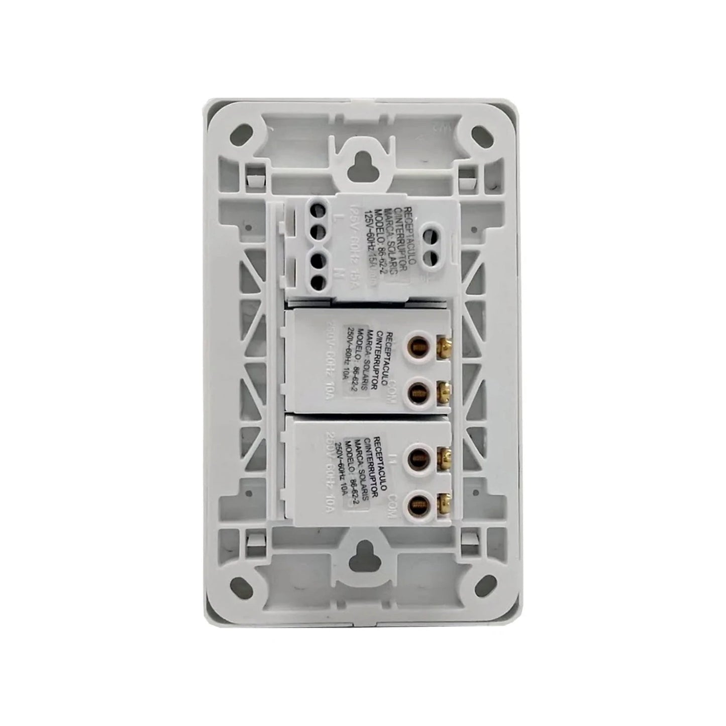 Placa eléctrica blanca Solaris, vista trasera con 2 apagadores y 1 contacto. Especificaciones 125V 15A, 250V 10A.
