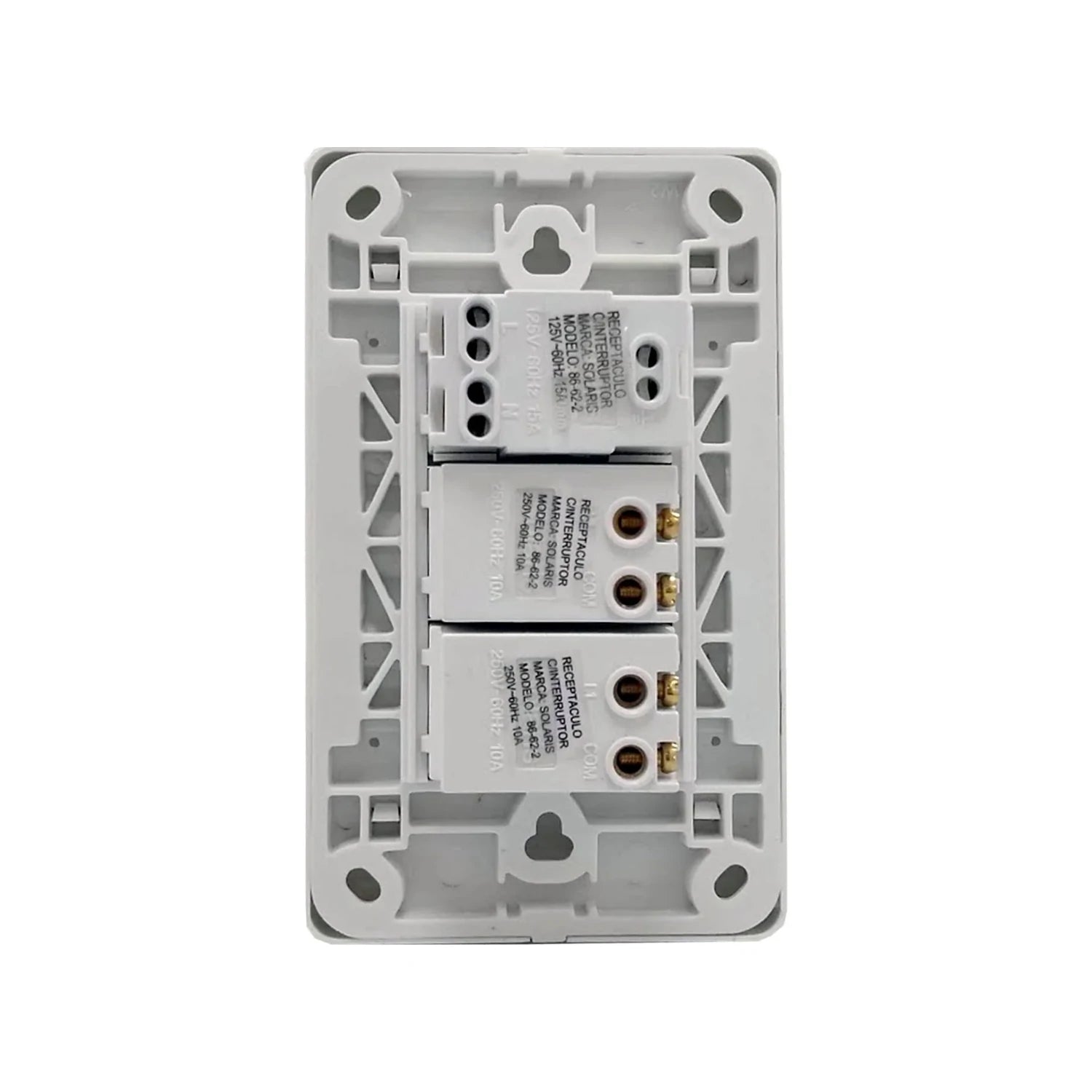 Placa eléctrica blanca Solaris, vista trasera con 2 apagadores y 1 contacto. Especificaciones 125V 15A, 250V 10A.