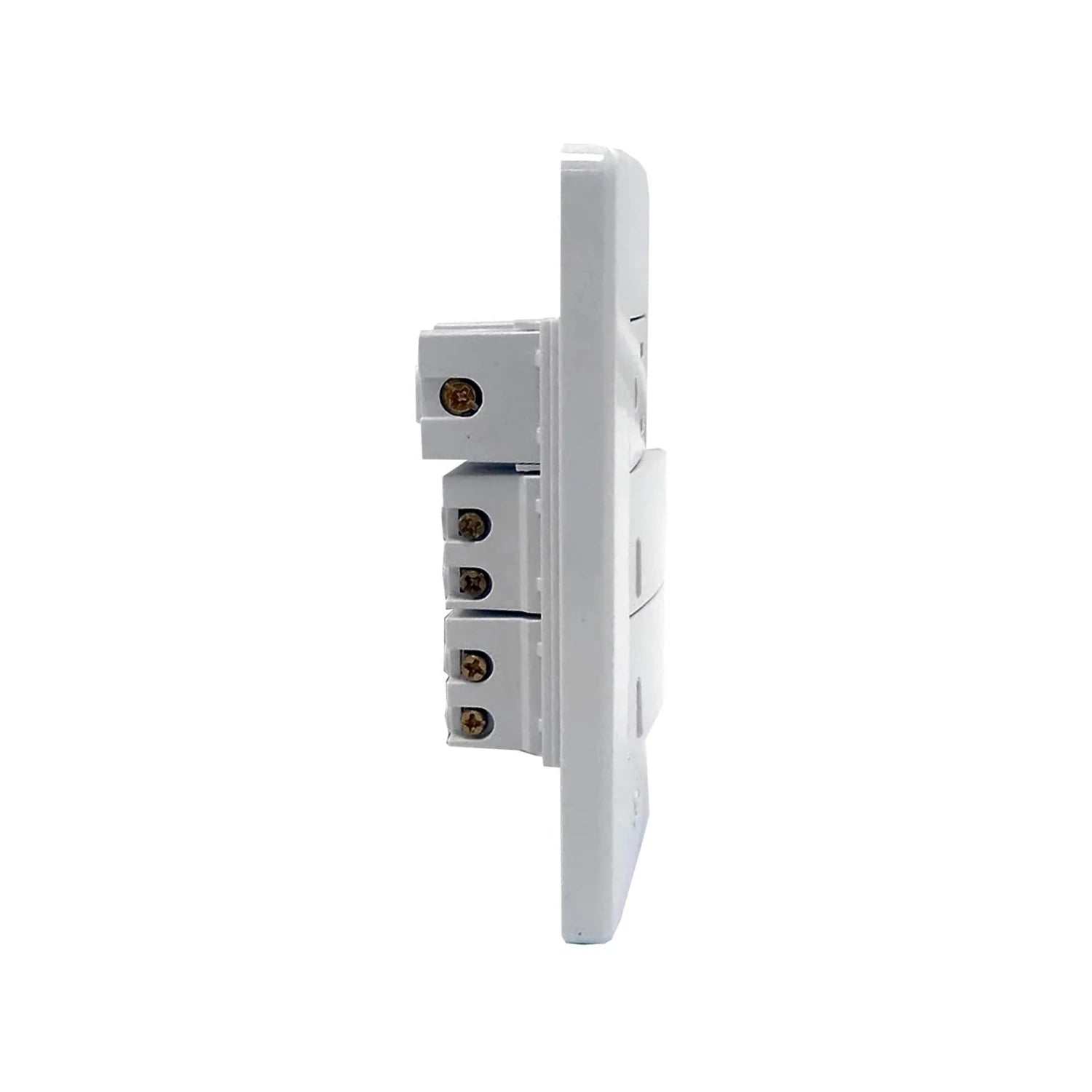 Placa eléctrica modular blanca con 2 apagadores y 1 contacto, vista lateral de terminales de conexión de tornillo.