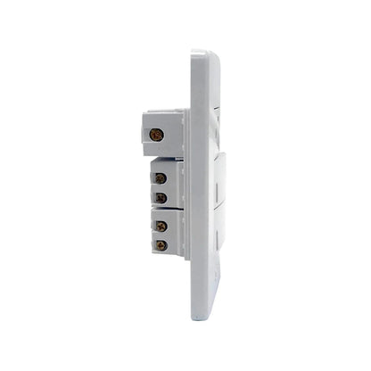 Placa eléctrica modular blanca con 2 apagadores y 1 contacto, vista lateral de terminales de conexión de tornillo.