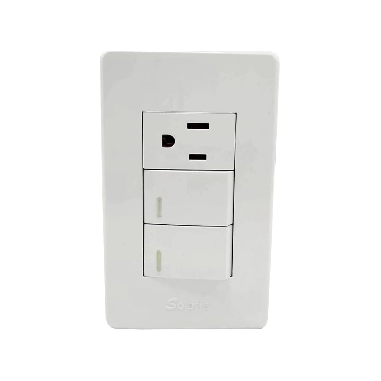 Placa de pared eléctrica blanca Solaris con 1 contacto de 3 orificios y 2 apagadores