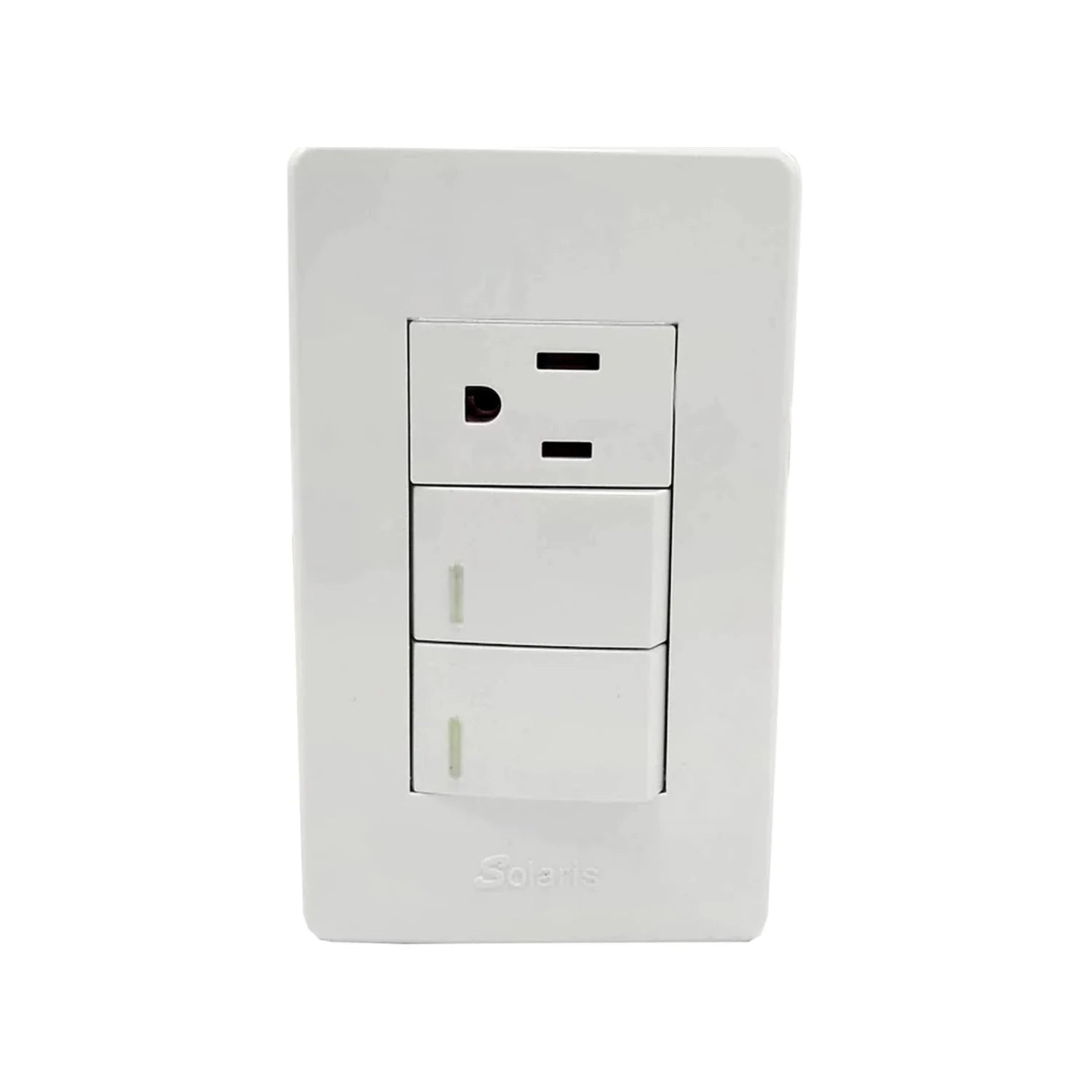 Placa de pared eléctrica blanca Solaris con 1 contacto de 3 orificios y 2 apagadores