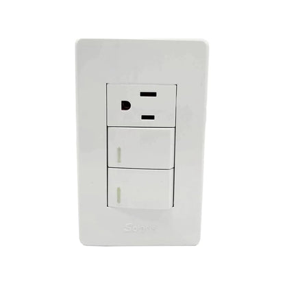 Placa de pared eléctrica blanca Solaris con 1 contacto de 3 orificios y 2 apagadores
