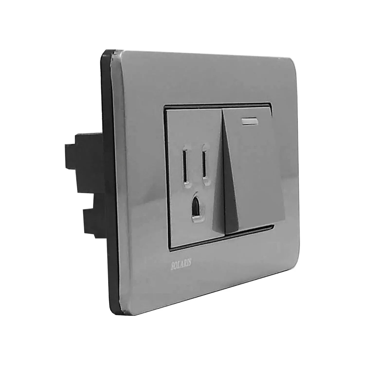 Placa Solaris gris cromo con 1 contacto polarizado y 1 interruptor de luz tipo rocker.