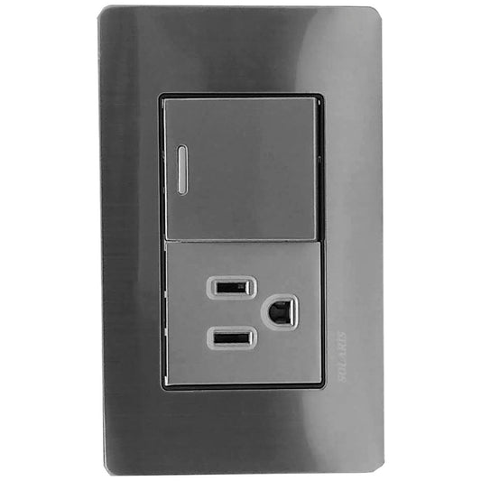 Fabricada de plÃ¡stico ABS,Cubierta de acero inoxidable.,Placa con 1 apagador de escalera y 1 contacto polarizado.,Tomacorriente 127 V - 15 A - 60 Hz,Apagador 127 V â€“ 10 A â€“ 60 Hz.,Acabado gris-plata.,Ideal para uso residencial u oficina.