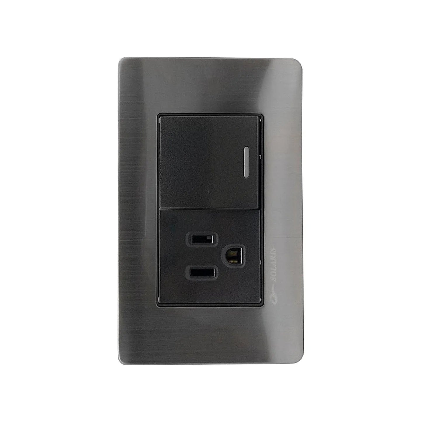 Placa Solaris negra cromo con apagador de luz y contacto tomacorriente USB integrado para pared